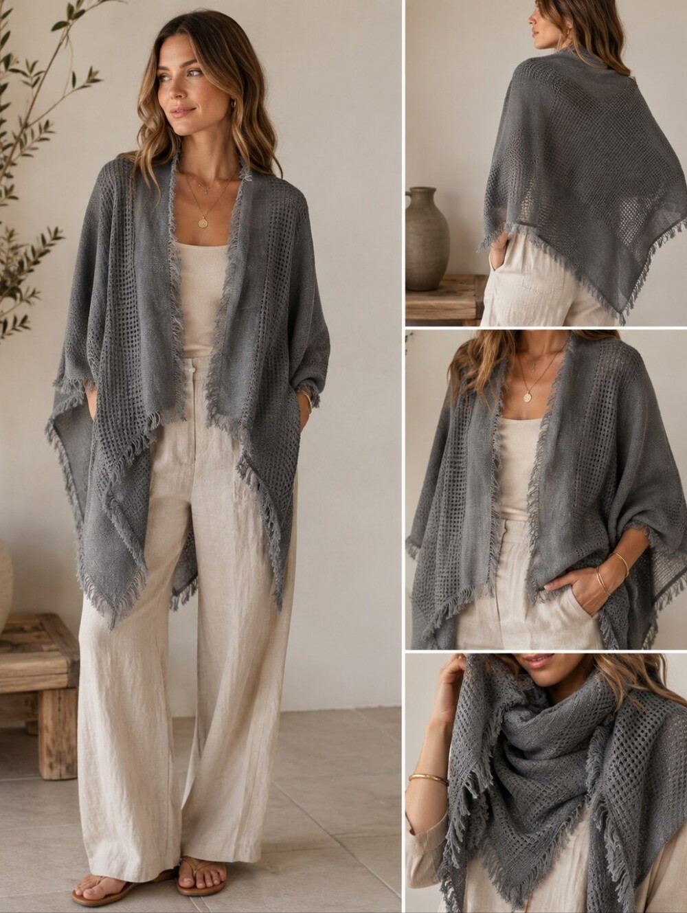 GAP Gray Textured Open Weave Scarf Wrap Shawl Fringe One Size NWT